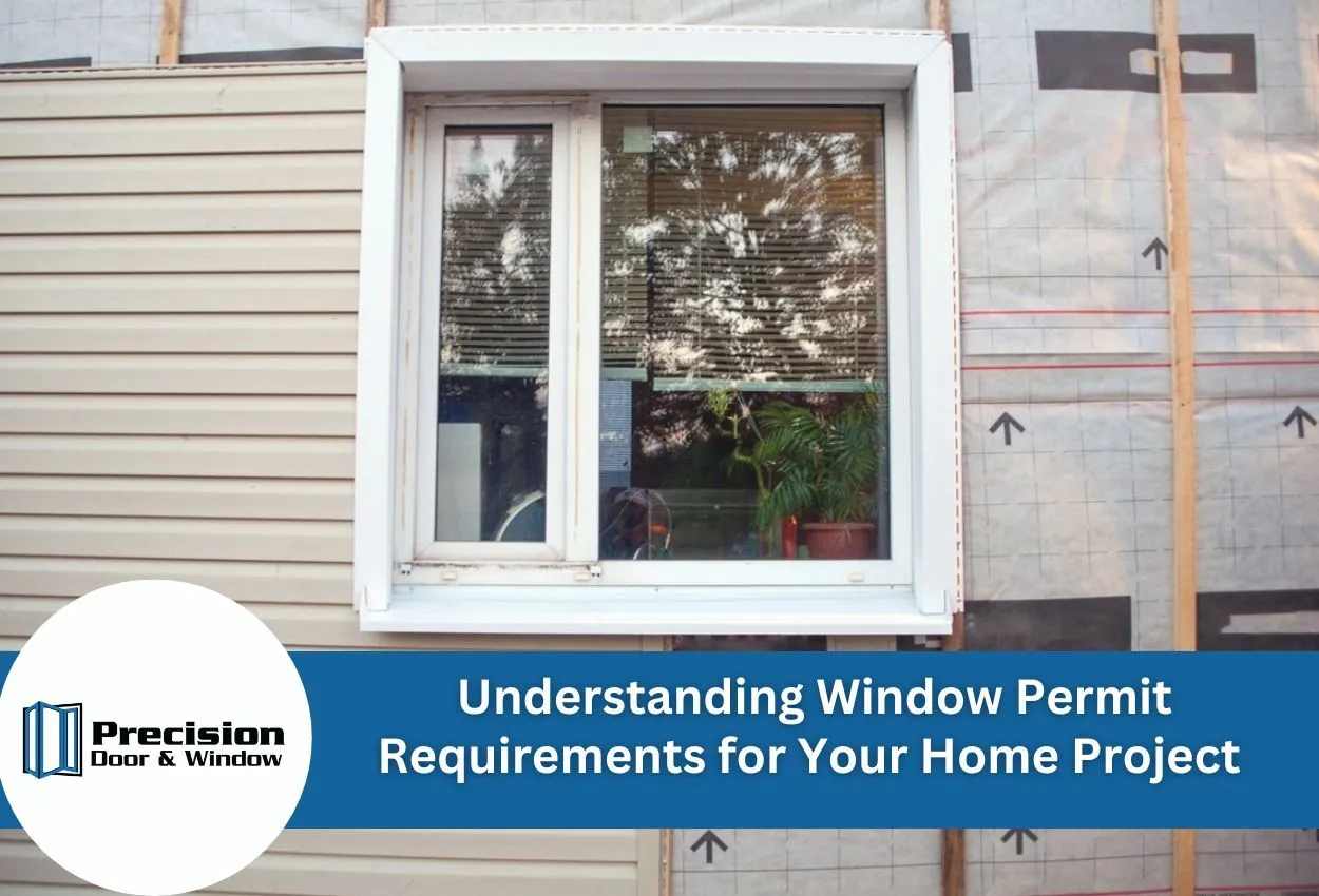 Home window installation with Precision Door & Window logo and permit guide text