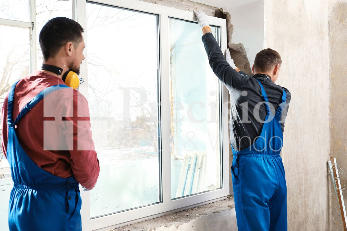 Two professional window installers in blue overalls installing new windows in home